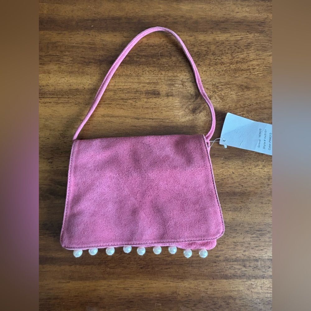 Hype Pink Suede Clutch with Faux Pearl Details